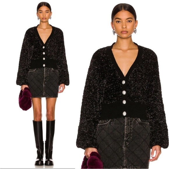 GANNI Cardigan Puff Sleeve Embellished Buttons in Black Sparkle